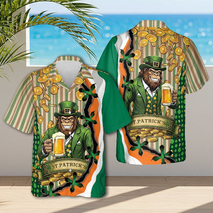 St. Patrick's Day hawaiian shirt with a leprechaun monkey design, front view