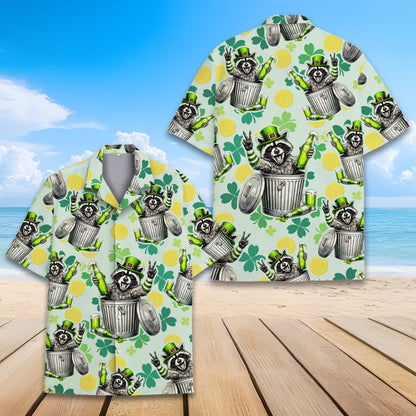 Alternative front view of the light green raccoon holiday hawaiian shirt