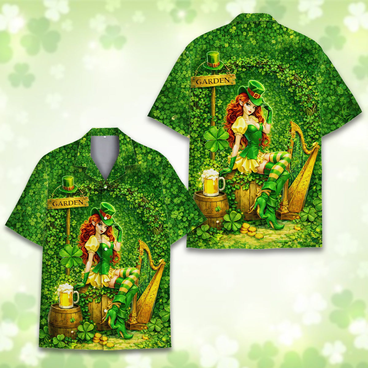 Detailed front view of the green holiday Hawaiian shirt