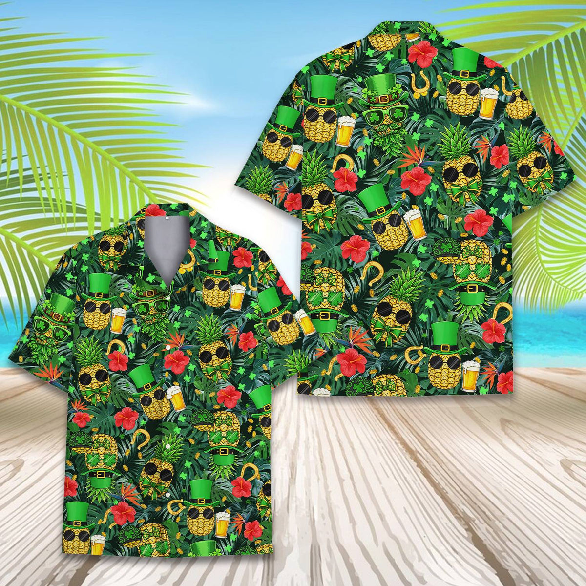 Detailed front view of the tropical St. Patrick's Day pineapple print shirt