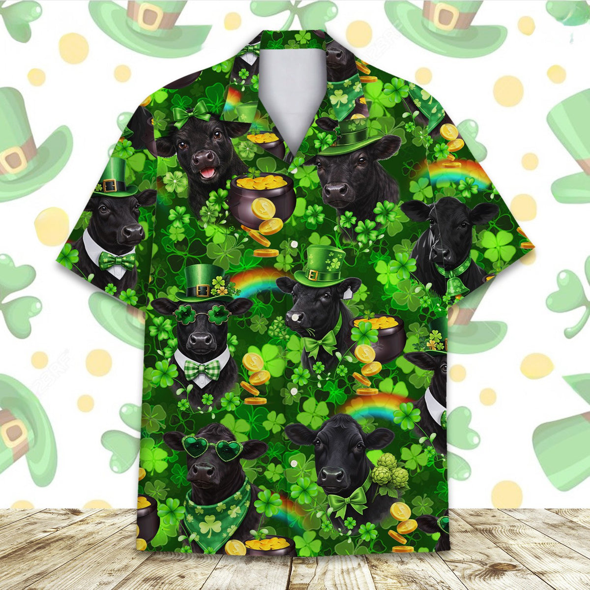 Close-up front view showing leprechaun hats and shamrocks on the hawaiian shirt