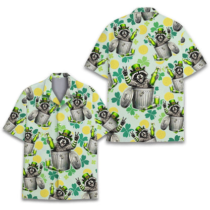 Main view of the light green patrick hawaiian shirt featuring raccoons in leprechaun hats