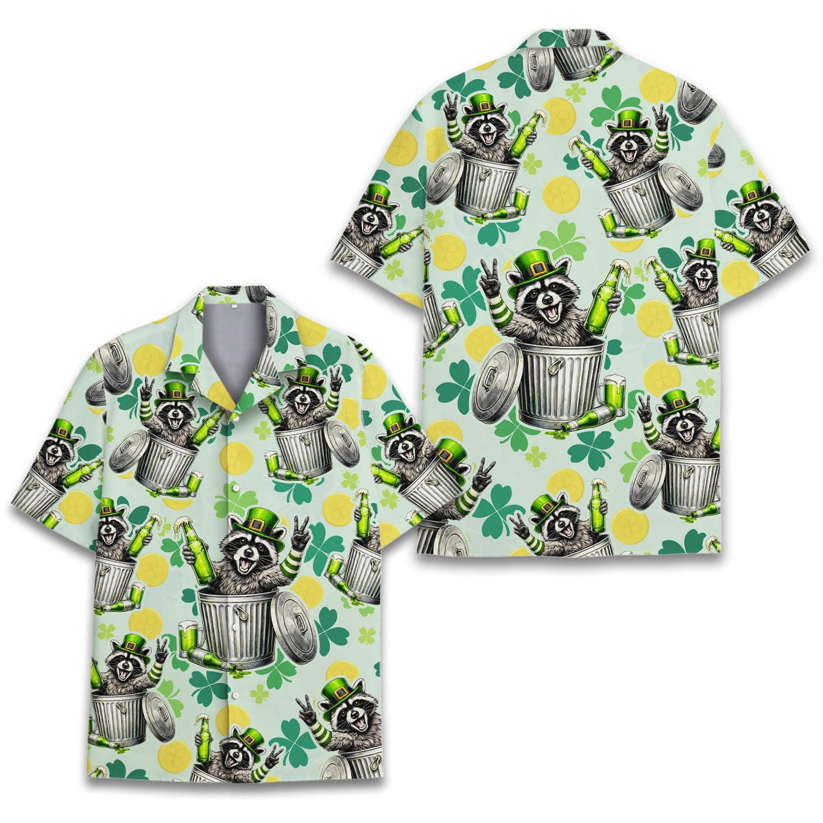 Front view of the St. Patrick's Day hawaiian shirt with raccoon and beer design