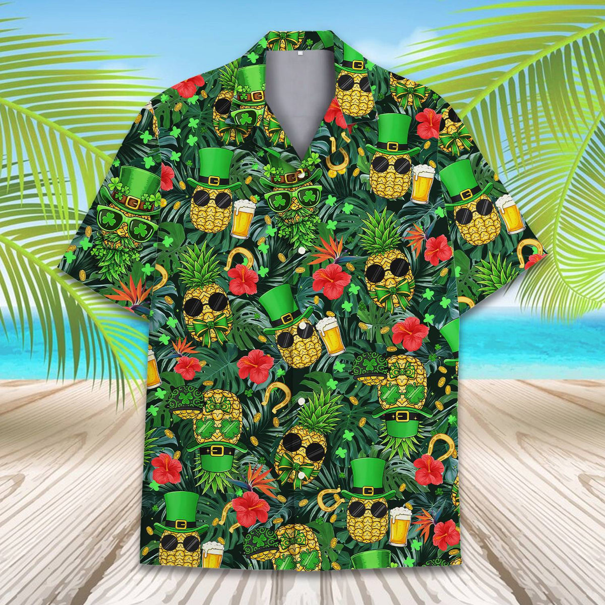 Main view of the St. Patrick's Day hawaiian shirt featuring tropical pineapples and shamrocks