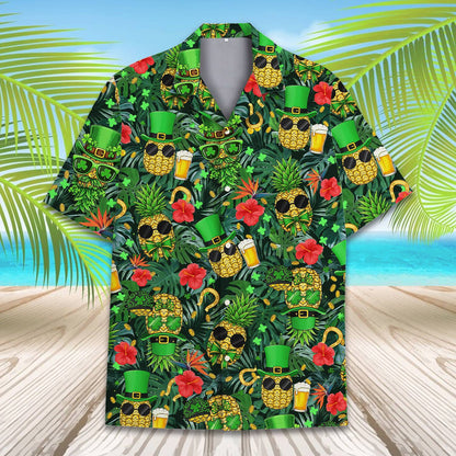 Main view of the St. Patrick's Day hawaiian shirt featuring tropical pineapples and shamrocks