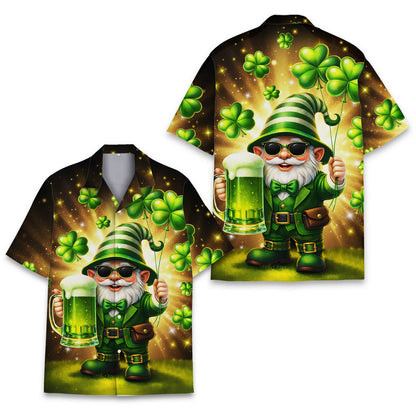 St. Patrick's Day hawaiian shirt with a leprechaun gnome holding green beer, main view