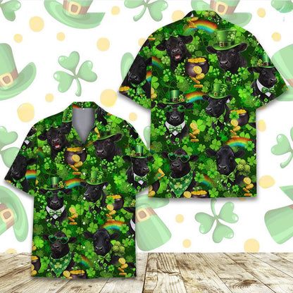 Front view of the St. Patrick's Day hawaiian shirt with festive cow pattern
