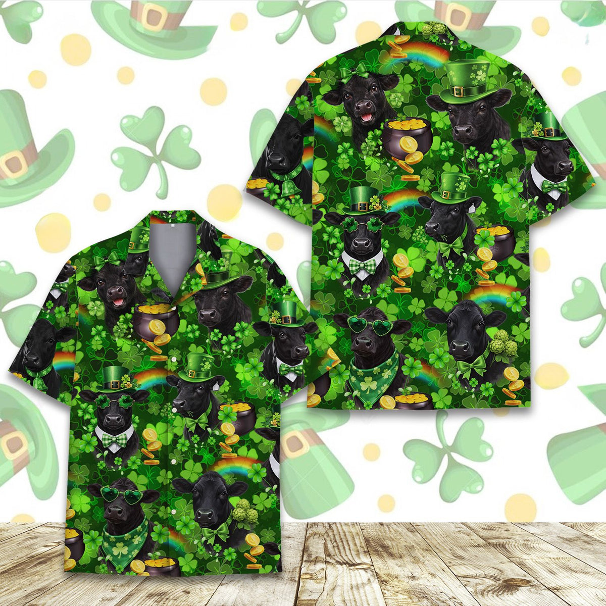 St. Patrick's Day hawaiian shirt featuring cows and shamrocks, main view