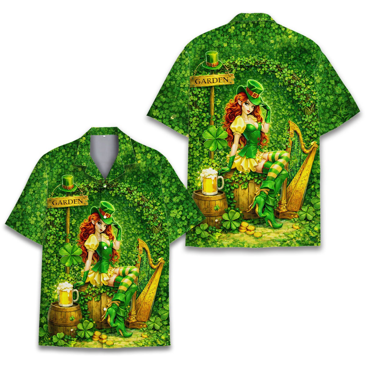Front view of the St. Patrick's Day Hawaiian shirt featuring gold coins and shamrocks