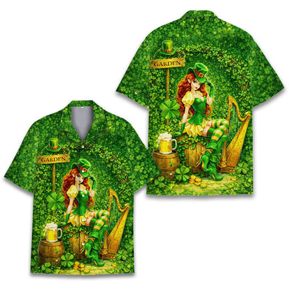 Front view of the St. Patrick's Day Hawaiian shirt featuring gold coins and shamrocks