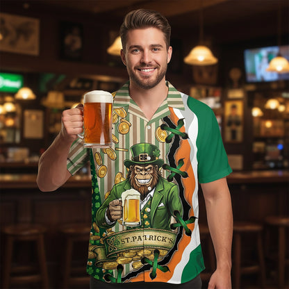 Person wearing St. Patrick's Day hawaiian shirt outdoors