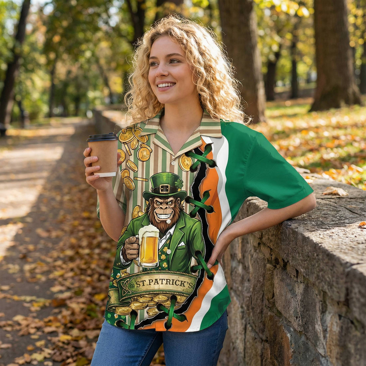 Close up of person wearing the leprechaun ape St. Patrick's Day hawaiian shirt