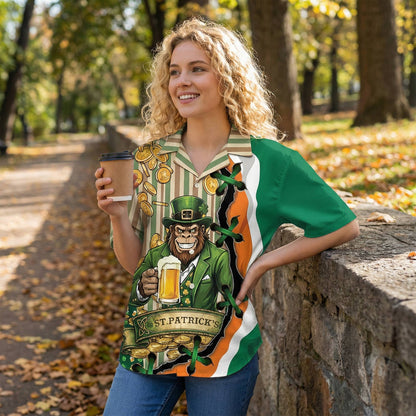 Close up of person wearing the leprechaun ape St. Patrick's Day hawaiian shirt