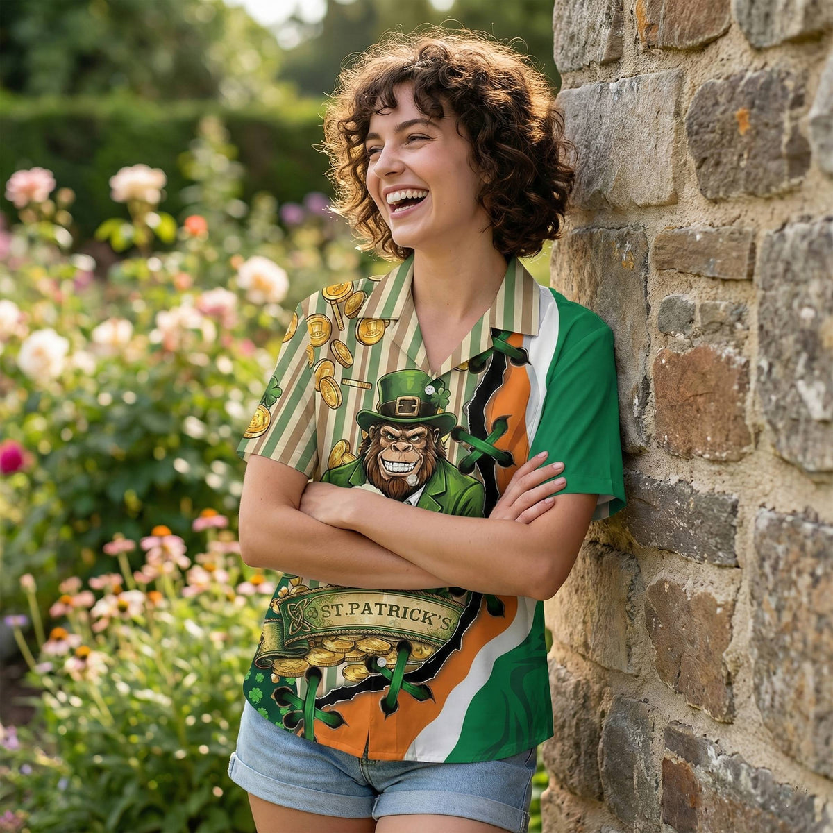 Another lifestyle shot of the St. Patrick's Day hawaiian shirt outdoors