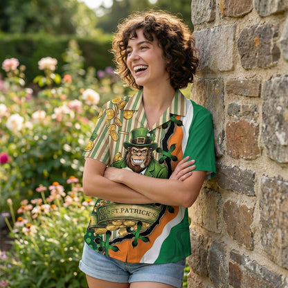 Another lifestyle shot of the St. Patrick's Day hawaiian shirt outdoors