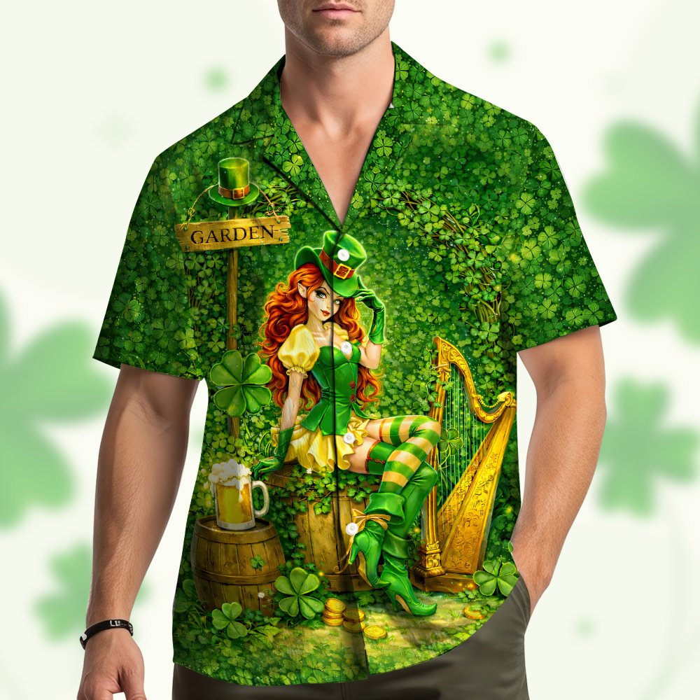 Another lifestyle view of the St. Patrick's Day Hawaiian shirt in a matching family setting