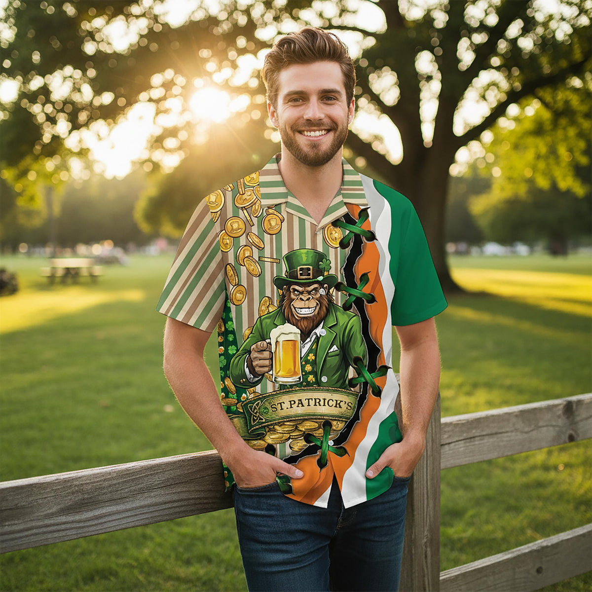 Lifestyle view of St. Patrick's Day hawaiian shirt in green and gold