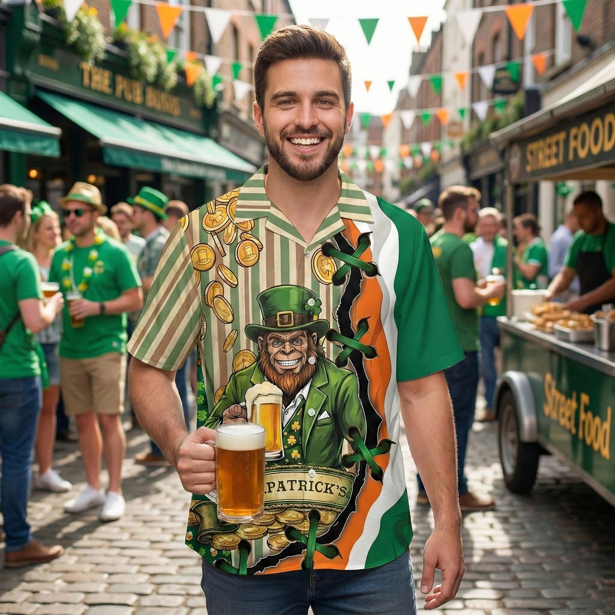 Lifestyle image showcasing the matching family hawaiian shirts for St. Patrick's Day