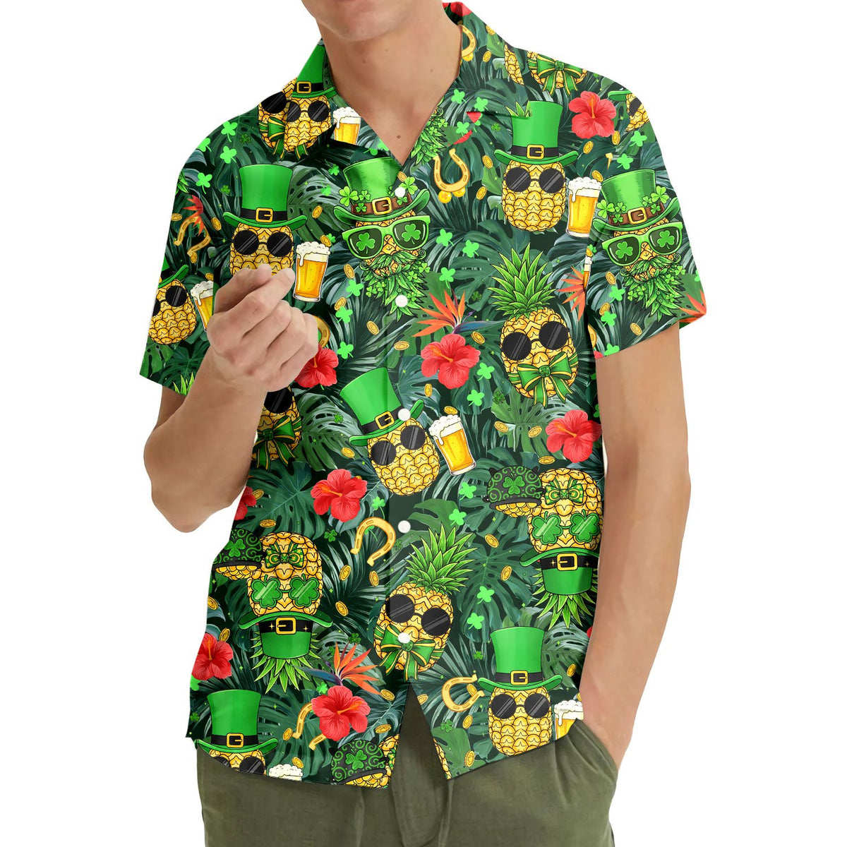 Third lifestyle view showing the St. Patrick's Day hawaiian shirt being worn outdoors