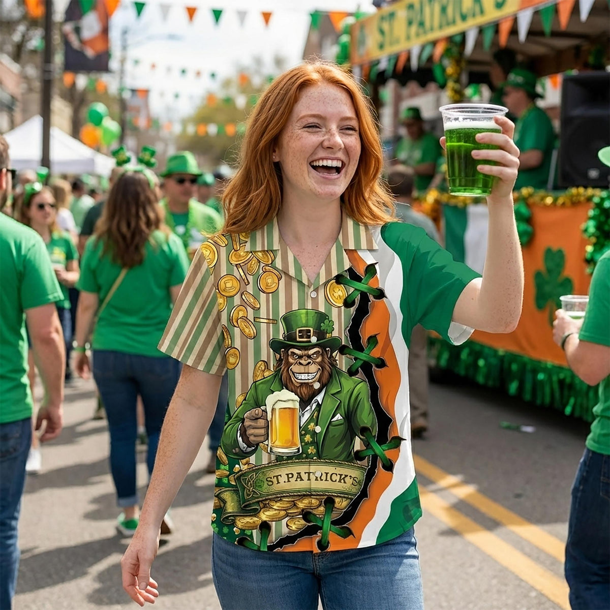 Close-up lifestyle view of the St. Patrick's Day hawaiian shirt design