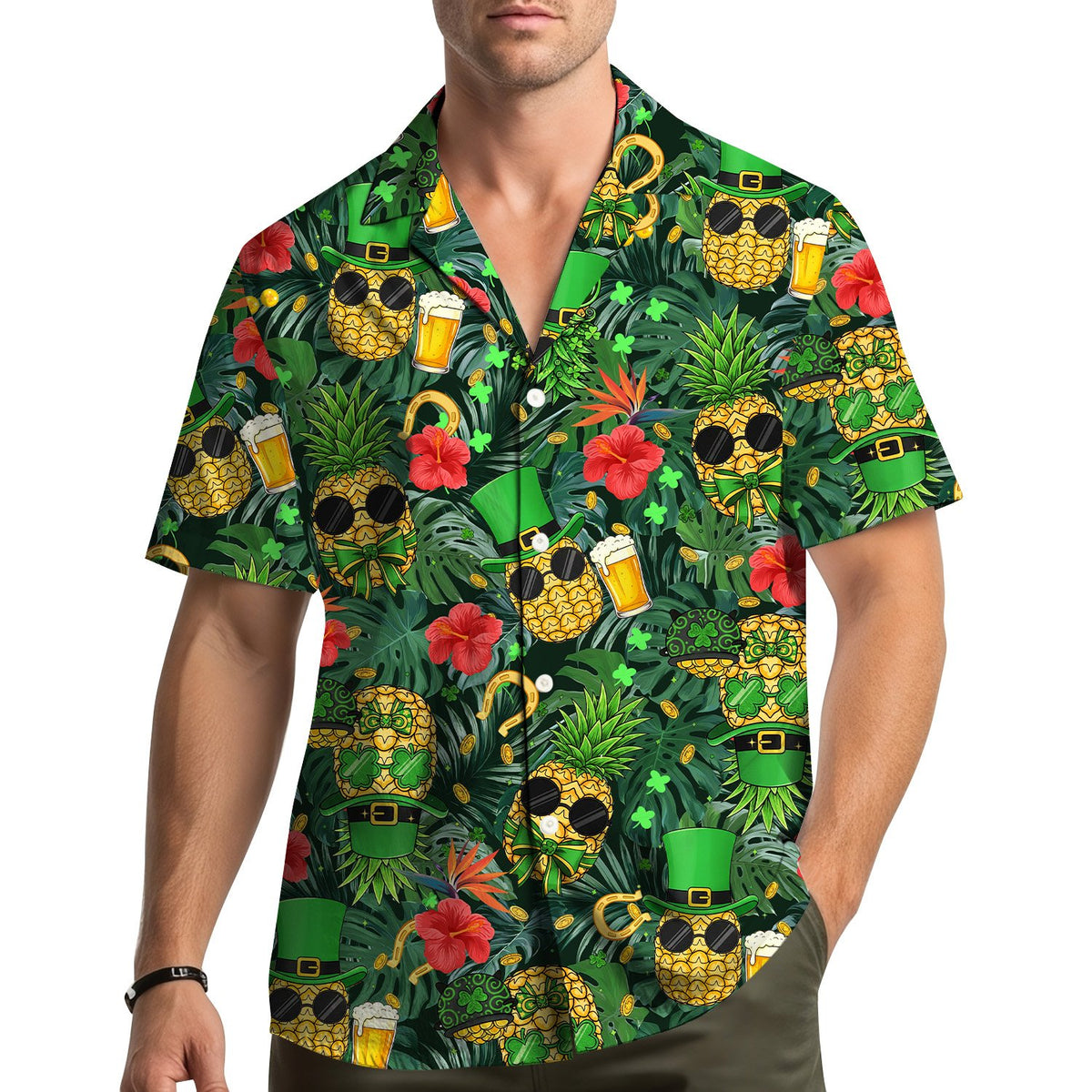 Lifestyle view of someone wearing the St. Patrick's Day hawaiian shirt