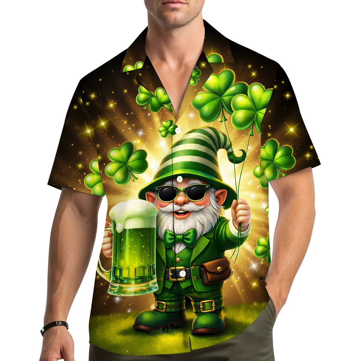 Lifestyle view of someone wearing the St. Patrick's Day leprechaun hawaiian shirt