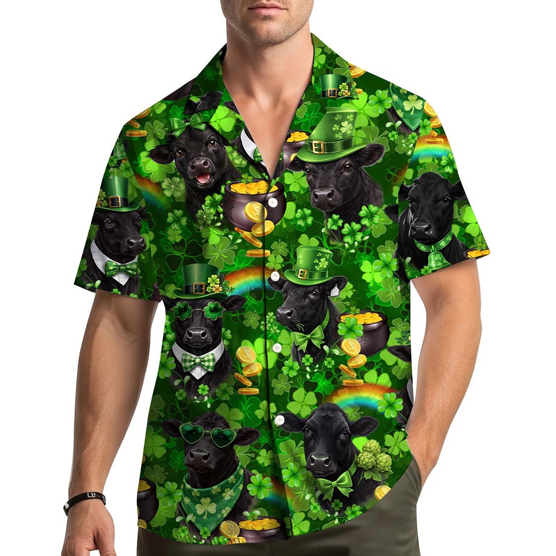 Lifestyle view of someone wearing the St. Patrick's Day cow hawaiian shirt