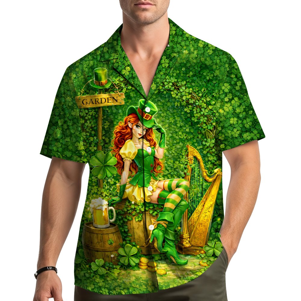 Lifestyle view of a person wearing the St. Patrick's Day Hawaiian shirt