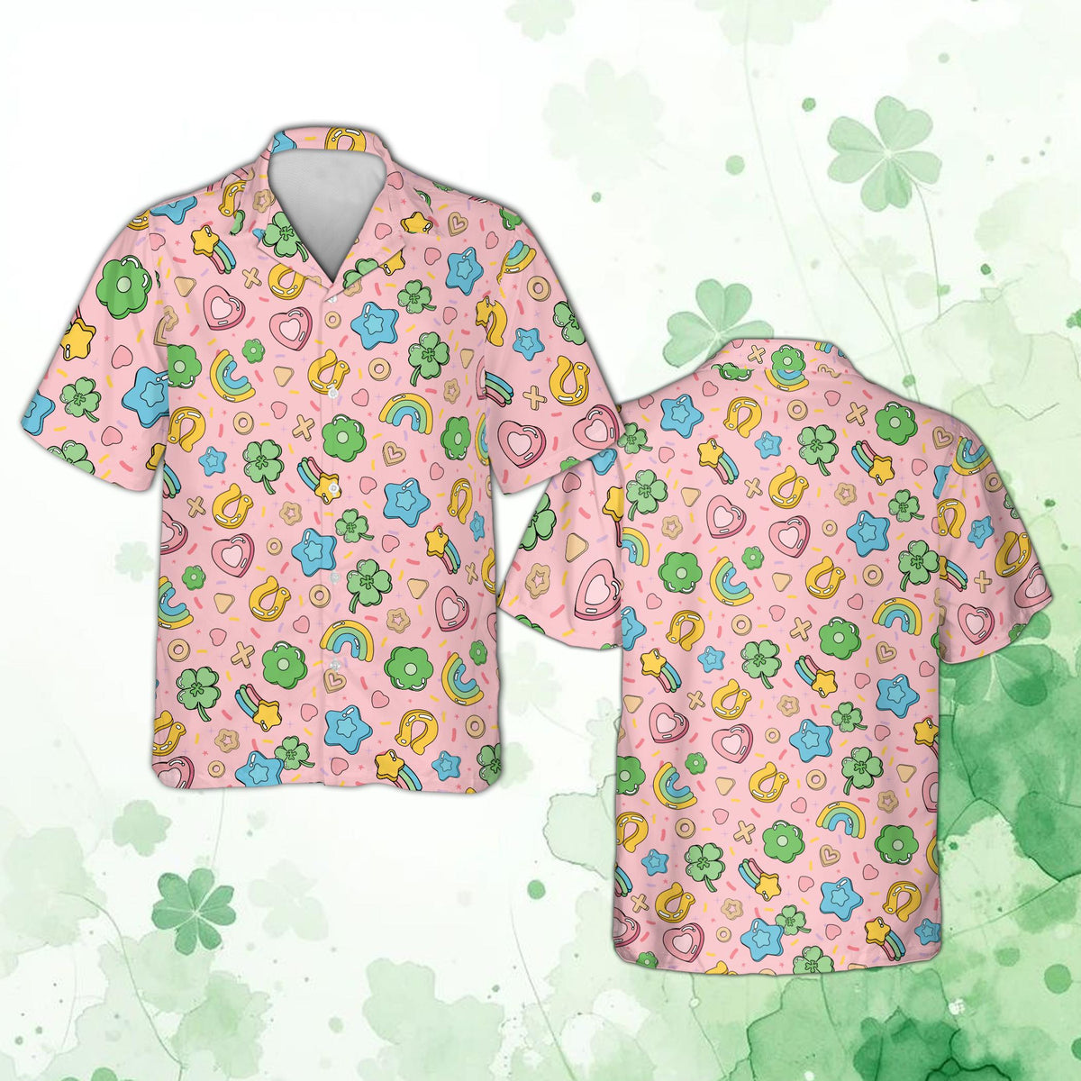 Pink St. Patrick's Day hawaiian shirt with colorful shapes pattern front view