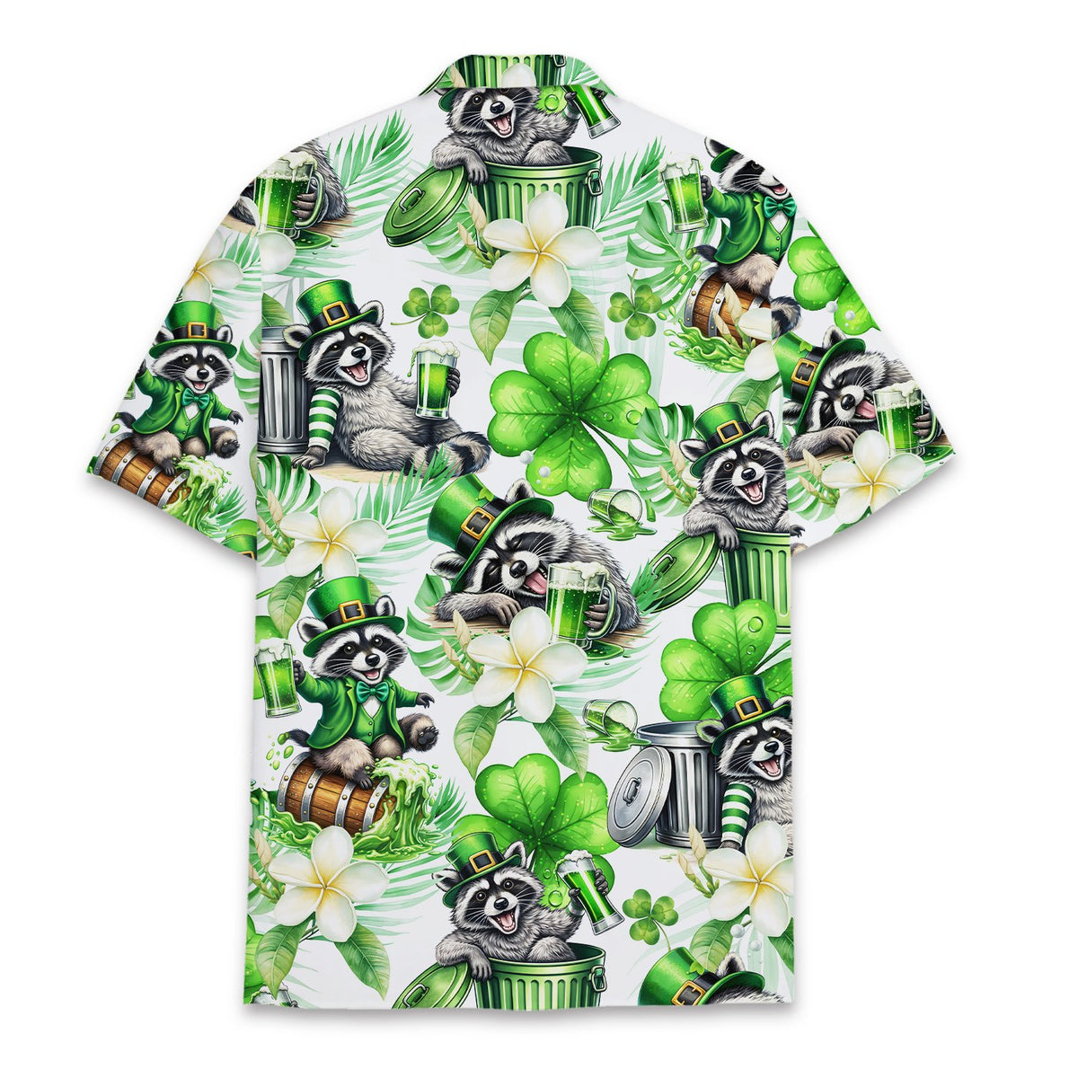 Back view of the white patrick hawaiian shirt with tropical and festive print