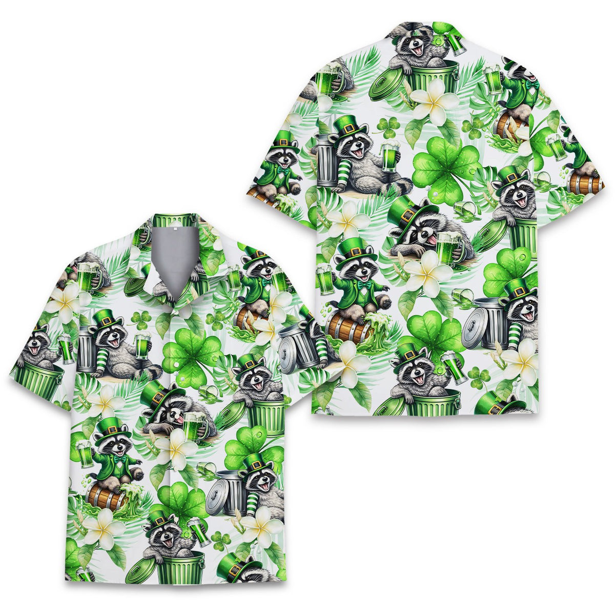White patrick hawaiian shirt featuring a St. Patrick's Day raccoon design, main view