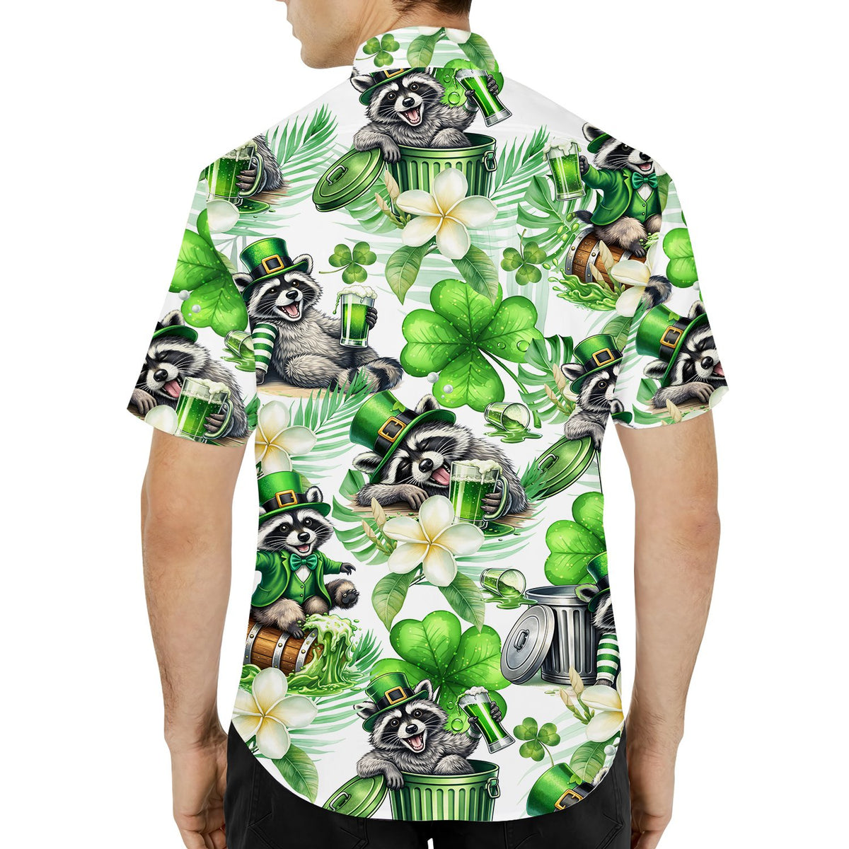 Third lifestyle view highlighting the raccoon and shamrock details on the shirt