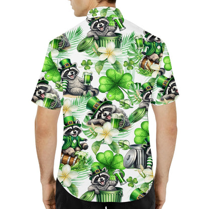 Third lifestyle view highlighting the raccoon and shamrock details on the shirt