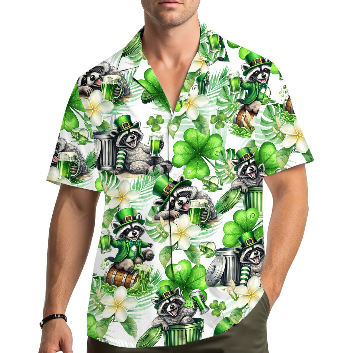 Lifestyle view of an adult wearing the St. Patrick's Day raccoon hawaiian shirt