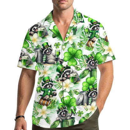 Lifestyle view of an adult wearing the St. Patrick's Day raccoon hawaiian shirt