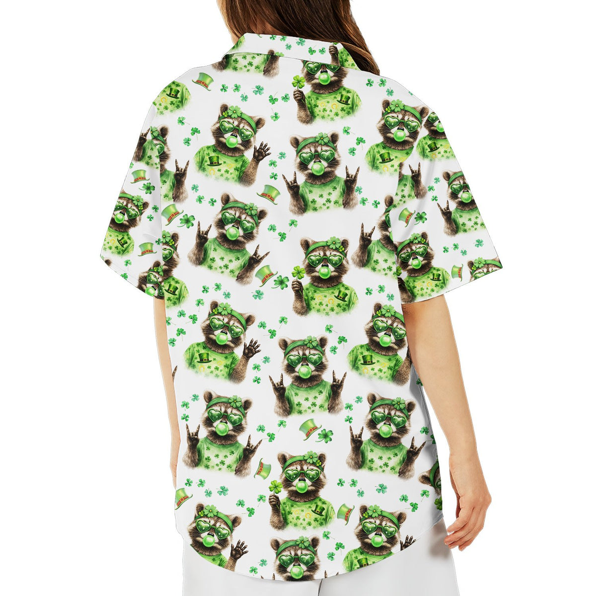Back view of the white patrick hawaiian shirt showing the repeating St. Patrick's Day pattern