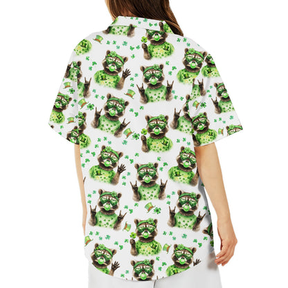 Back view of the white patrick hawaiian shirt showing the repeating St. Patrick's Day pattern