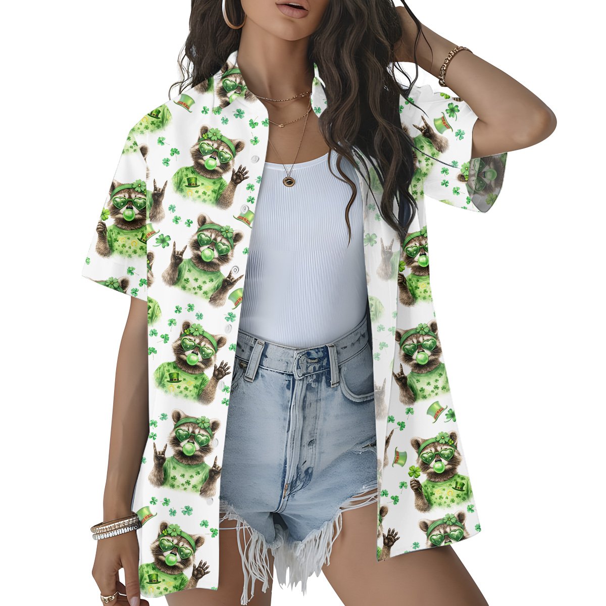 Lifestyle view of a person wearing the family hawaiian shirts design with festive raccoons