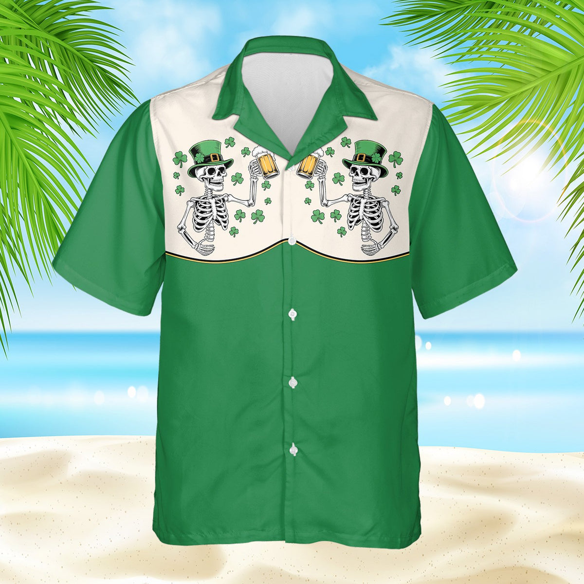Close-up front view of the St. Patrick's Day skeletons hawaiian shirt details