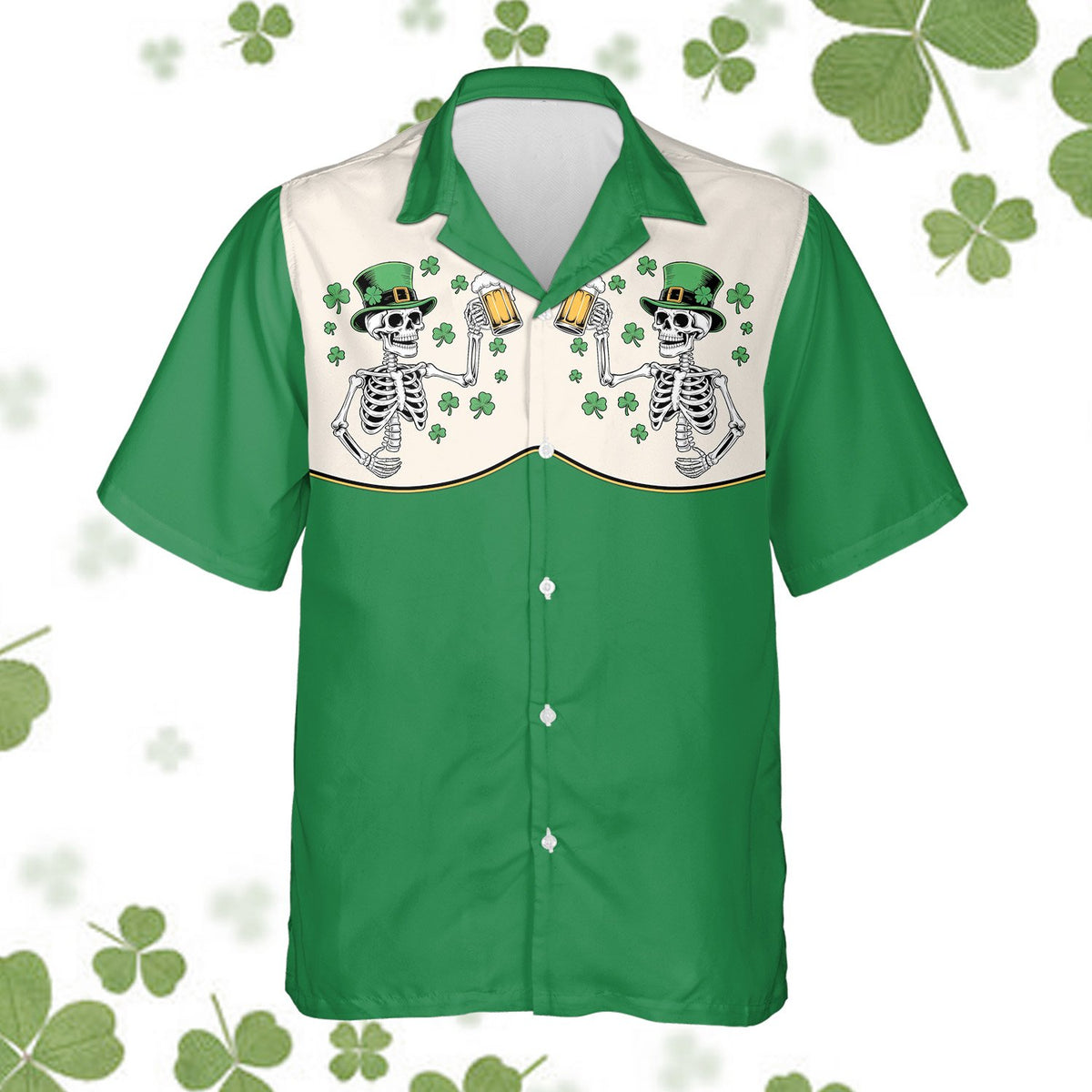 Detailed front view of the toasting skeletons and shamrock design