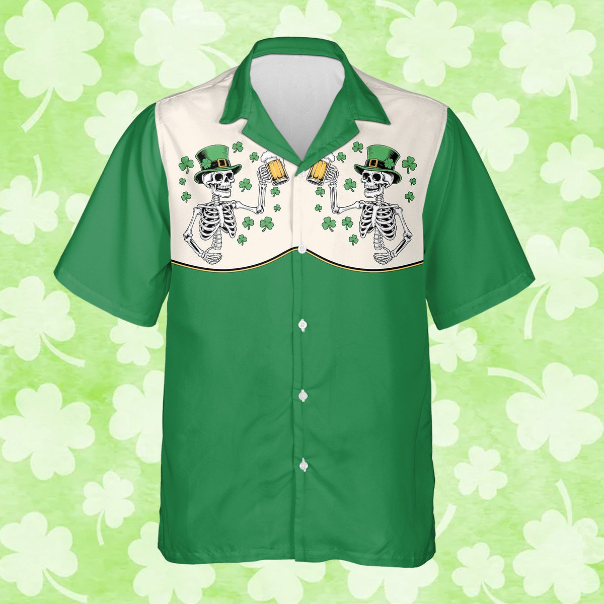 Angled front view of the St. Patrick's Day skeletons hawaiian shirt