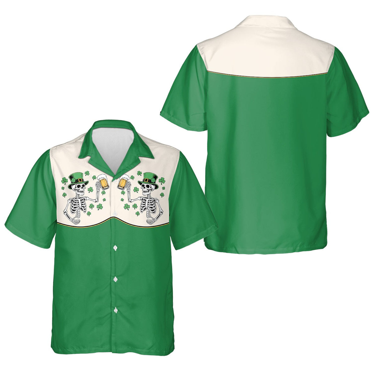 Another front angle view of the green and white Hawaiian shirt