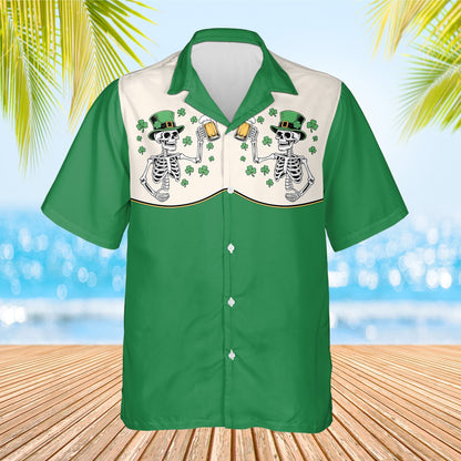 Main view of the St. Patrick's Day skeletons hawaiian shirt in green and white