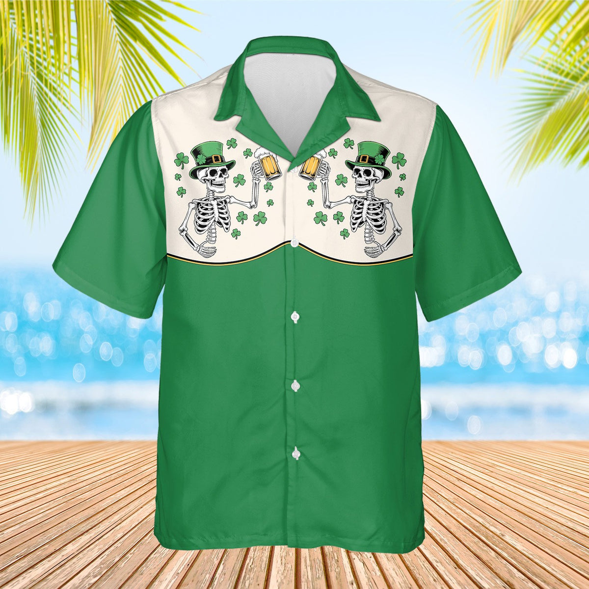 Front view of the St. Patrick's Day skeletons hawaiian shirt