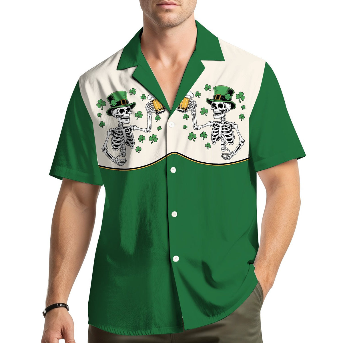 Lifestyle view of adults wearing the matching family St. Patrick's Day skeletons hawaiian shirts