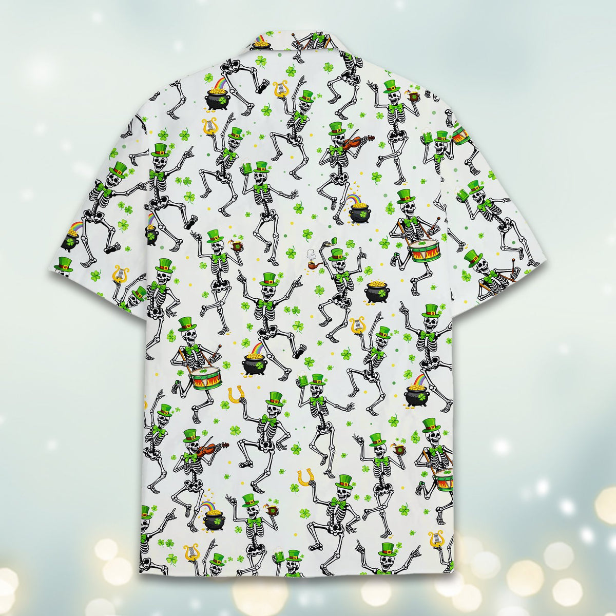 Alternate back view of the St. Patrick's Day skeletons hawaiian shirt