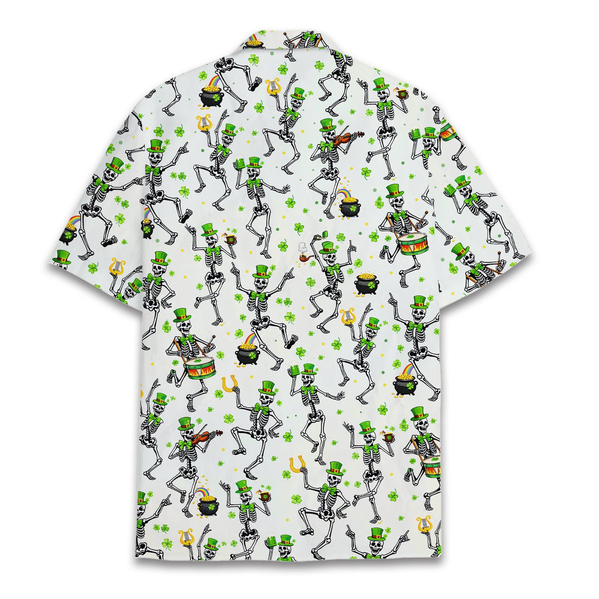 Back view of the St. Patrick's Day skeletons hawaiian shirt