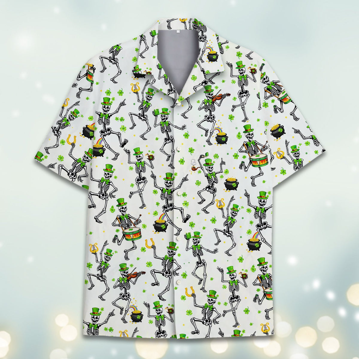 St. Patrick's Day skeletons hawaiian shirt additional main view showing pots of gold and rainbows