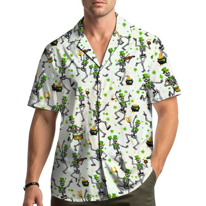 Lifestyle view of someone wearing the St. Patrick's Day skeletons hawaiian shirt