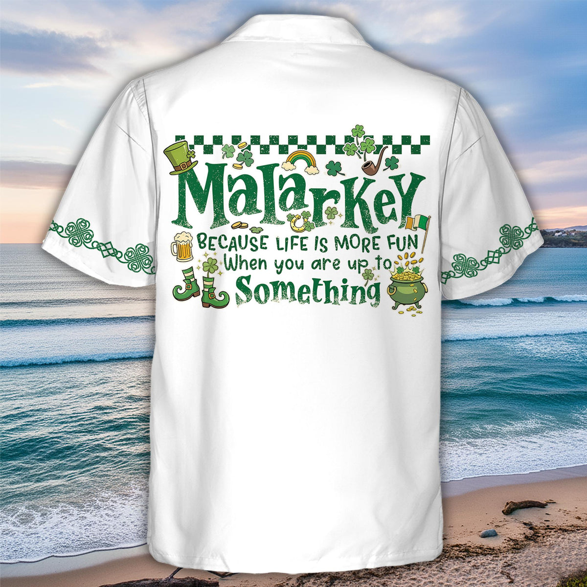 Back view of the St. Patrick's Day hawaiian shirt displaying festive holiday graphics